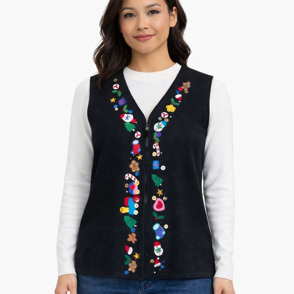 Mercer Street Studio Zip Up Sweater Vest Black Embroidered Christmas Size MP